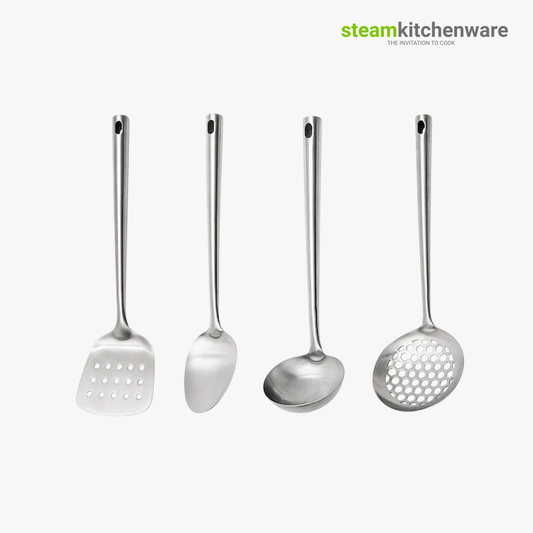 4-piece Stainless Steel Utensil Set: Ladle, Spoon, Spatula, Skimmer
